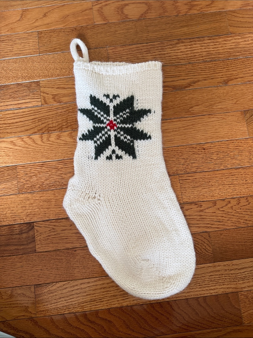 Hearth & Hand Cream Knit Holiday Stocking with Green Snowflake and Red Accent